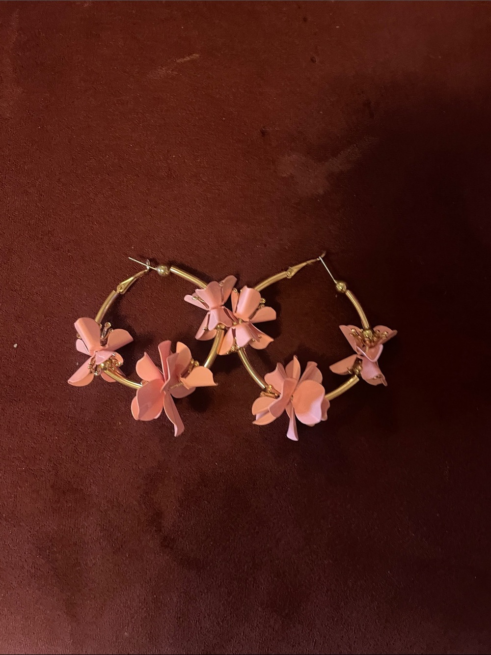Gold Hoop Earrings with Pink Floral Accents